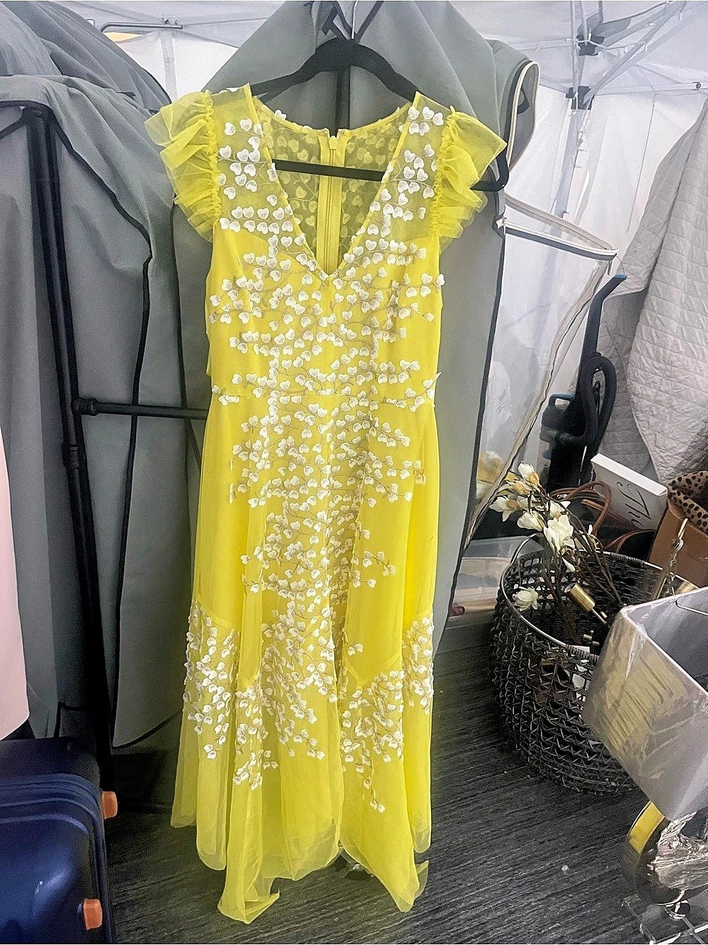 BCBGMAXAZRIA Ruffled Tulle Embroidered Gown Yellow & White Size 6